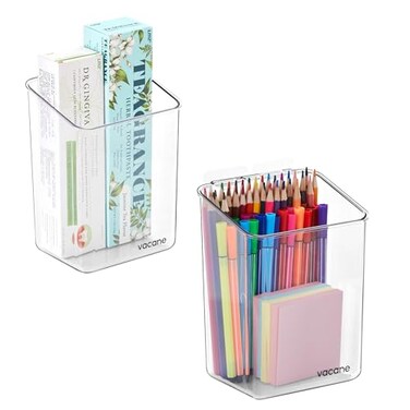 vacane 2Pack Adhesive Cabinet Door Organizer Transparent Plastic Storage Bins for Kitchen Bathroom Office No Drill Hanging Basket Space Saving Removable HolderS