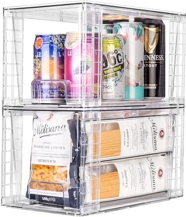 Zero Zoo 2Pack Large Stackable Kitchen Storage Drawers Clear Foods Organizer Bins with Handles Easily Assemble for Bathroom Kitchen Pantry Cabinet ClosetXLDown Handle