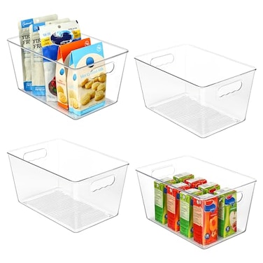 Vtopmart Clear Plastic Pantry Organizer Bins 4 PCS Food Storage Bins with Handle for Refrigerator Fridge Cabinet Kitchen Countertops Cupboard Freezer Organization and Storage BPA Free Large