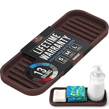 Zulay Kitchen 9x35 Silicone Sponge Holder for Kitchen Sink Flexible Multipurpose Soap Tray Sink Organizer for Kitchen Bathroom Makeup Trinkets More Dark Mahogany
