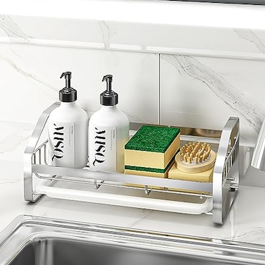 BSKSSK Sink CaddySponge Holder for Kitchen Sink Kitchen Bathroom Sink Organizer304 Stainless Steel Kitchen Countertop Organizer Soap Tray with Removable Drain Tray Length Version Silver