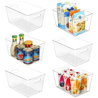Vtopmart Clear Plastic Storage Bins 6 PCS Pantry Organizer Bins with Handle for Refrigerator Fridge Cabinet Kitchen Countertops Cupboard Freezer Organization and Storage Large