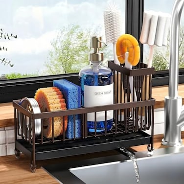 Cisily Brown Sponge Holder for Kitchen Sink Sink Caddy Organizer with High Brush Holder Kitchen Countertop Organizers and Storage Essentials Rustproof 304 Stainless Steel Soap Dispenser Organize