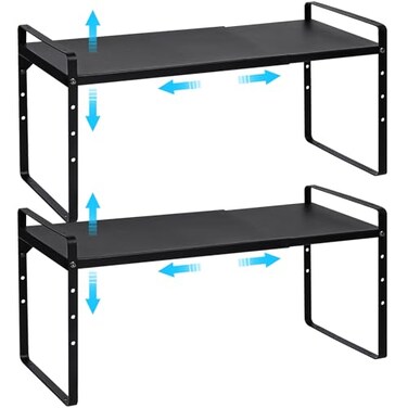 X-cosrack 155 to 255 Inch Expandable Kitchen Cabinet Organizer Shelf 2 Pack 30 LBS Heavy Duty Adjustable Kitchen Counter Storage Shelves OrganizersStackable Small Storage Shelf Rack For Cabinet Cupboa