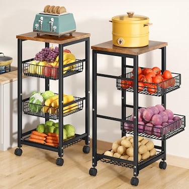 SNTD Fruit Basket Vegetable Stand for Kitchen Pantry Pull Out Metal Wire Basket with Wood Top for Fruit Vegetable Onions Potatoes Snacks