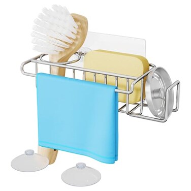 HapiRm 4 in 1 Sink Caddy Sponge Holder SUS304 Stainless Steel Kitchen Brush Holder and Dish Cloth Hanger Kitchen Organizers and Storage Essentials Silver