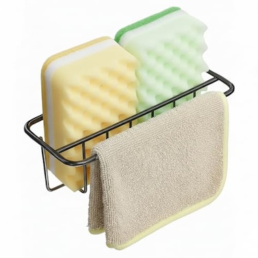 KESOL Adhesive Kitchen Sink Sponge Holder Dish Cloth Hanger Soap Holder 2in1 Kitchen Sink Caddy 304 Stainless Steel Rust Proof Water Proof No Drilling Black