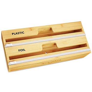 SpaceAid WrapNeat 2 in 1 Wrap Organizer with Cutter and Labels Plastic Wrap Aluminum Foil and Wax Bamboo Dispenser for Kitchen Storage Organization Holder for 12 Roll Natural 2Slot