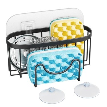 HapiRm Multifunctional Sponge Holder with Unique MShaped 2 Installation Methods Kitchen Sink Caddy Organizer Rustproof Stainless Steel Kitchen Organizers and Storage Essentials Black