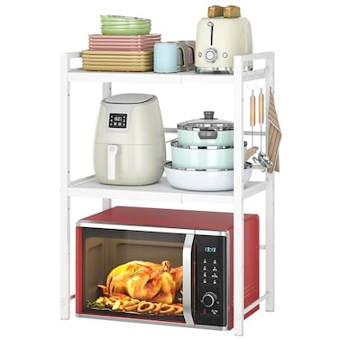 DOLALIKE Microwave Oven Rack Expandable Microwave Stand Kitchen Countertop Organizer Utensils Storage Carbon Steel Over Microwave Shelf with 3 Hooks White 3 Tier