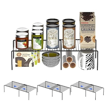 Redrubbit Cabinet Storage Shelf Rack 8 Piece Expandable Metal Rustproof Kitchen Counter and Cabinet Shelf Storage Rack Organizer Space Saver for Kitchen Fridge Cabinet Bathroom Black Set of 4