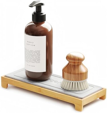 SpaceAid DryingNeat Instant Dry Sink Caddy Organizers Kitchen Sponge Soap Holder Dispenser Countertop Fast Drying Counter Tray Rack Bamboo Gray