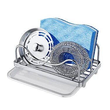 Consumest Sponge Holder for Kitchen Sink Movable Sink Caddy for Countertop Organizer 304 Stainless Steel Sponge Holder with Detachable Drip Tray for Kitchen AccessoriesSilver