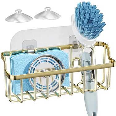 Consumest Sponge Holder Sink Caddy Ladder Shaped Sponge Holder for Kitchen Sink with 2 Installation Ways Suction Cups Adhesive Hook Rustproof Stainless Steel Kitchen Organizer Gold