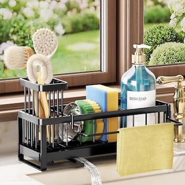 SWTYMIKI Sponge Holder for Kitchen Sink Sink Caddy with Brush Holder Selfdraining Sponge Caddy Organizer with Divider Stainless Steel Kitchen Accessories Storage for Countertop Black