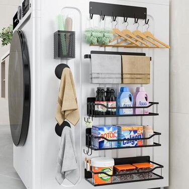 MIMIyasha Multifunctional Magnetic Shelf for Washing Machine Refrigerator Microwave and Any Metal Surface Powerful Magnetic Shelves Include Magnetic Paper Towel Holder Unique Hollow Design 8 pcs Black