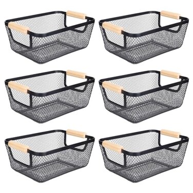 Dualshine 6Pack Black Wire Basket with Wooden Handle Storage Bins for Pantry Metal Mesh Basket for Kitchen Organization Snack Organizer for Home Cabinet Closet Bathroom Fridge Fruit Makeup and Office