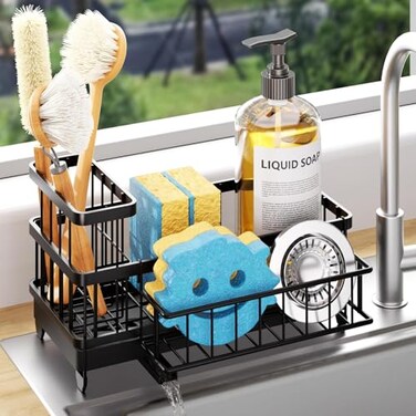 Consumest Sponge Holder for Kitchen Sink Auto Draining Sink Caddy Organizer with Detachable Rack High Brush Holder Kitchen Countertop Storage Accessories Black
