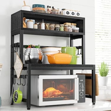 EnHomee Microwave Stand 4Tier with 9 Hooks for Kitchen Countertop Organizer 205LBS Microwave Shelf Adjustable Kitchen Shelves Microwave Stand with Storage and Microwave Oven Rack Black