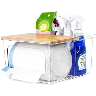 iCASA Trash Bag Dispenser Holder 2 in 1 Acrylic Under Sink Organizer Garbage Bags Container with Bamboo Lid Holds up to 100 Count 133033 Gallon Bag Roll for Kitchen Pantry Laundry Room Storage