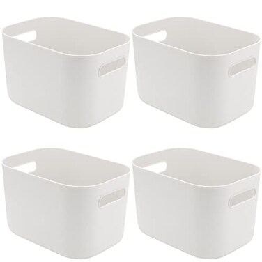 JOIKIT 4 Pack White Storage Bins with Handles White Bathroom Kitchen Organizer Bin White Plastic Vanity Storage Bins for Hand Soap Body Washes Towels Shampoos Lotions Bath Balls 10x7x63 Inch