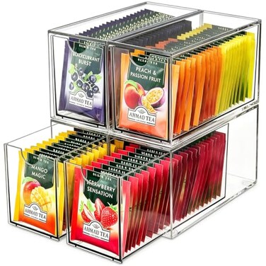 KAIDELI 4 Pack Tea Bag Drawers Organizer Clear Plastic Stackable Tea Organizers and Storage Portable Tea Bag Holder 65 x 4 x 3 for Kitchen Pantry Organizer