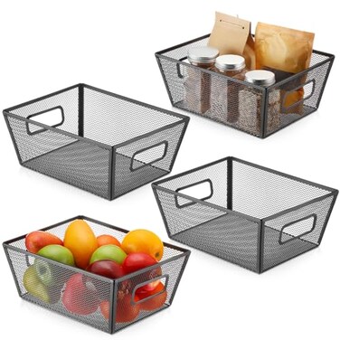 Maxdot 4 Pcs Wire Storage Basket with Handle Metal Baskets Wire Mesh Pantry Organizers for Cabinet Kitchen Laundry Bathroom Makeup Snacks ContainersBlack