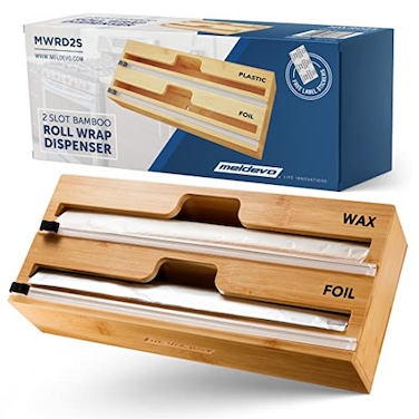 MELDEVO 2 in 1 Wrap Dispenser with Cutter and Labels Plastic Wrap Aluminum Foil and Wax Paper Dispenser for Kitchen Drawer Bamboo Roll Organizer Holder Compatible with 12 Roll