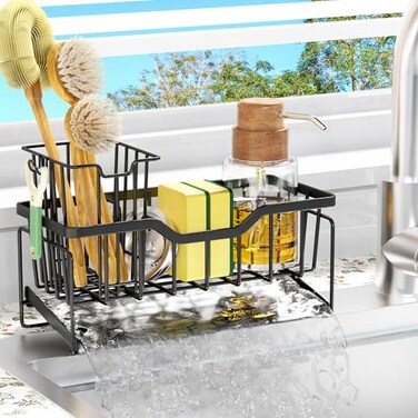 StorageRight Kitchen Sink Caddy Organizer Rustproof Sponge Holder for Kitchen Sink Instant Dry High Brush Holders with Drain Tray AntiSlip Storage Organization Essentials Black