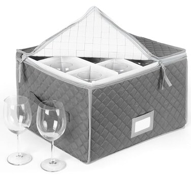 Stack Store Plus More Stemware Storage Case Holds 12 Wine Glasses or Crystal Glassware with Label Holders and Fully Padded Inside 16 x 13 x 10H Gray Hard Sides and Stackable