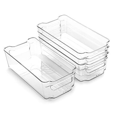 BINO Stackable Storage Bins Medium 4 Pack The Stacker Collection Clear Plastic Storage Bins Organization and Storage Containers for Pantry Fridge MultiUse Organizer Bins BPAFree