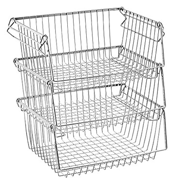 SANNO Stacking Baskets Bin Baskets Wire Storage Baskets Organization Farmhouse Scoop Baksket for Pantry Kitchen Closets Bathroom Cabinets Kitchen Set of 3