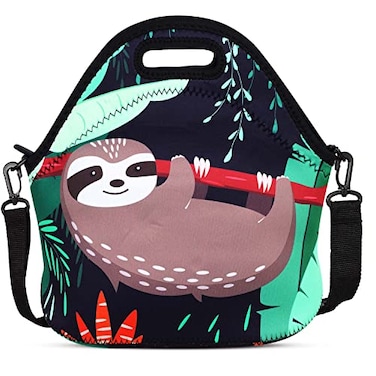 Violet Mist Sloth Neoprene Lunch Bag 1142L x 1043H x 551W 87 inches deep fits containers up to 7L x 6W high capacity cute animal designs adjustable shoulder straps