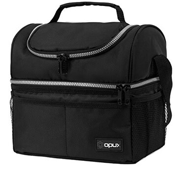 opux Insulated Lunch Bag for Men Women Double Decker Leakproof Lunch Box Cooler Tote with Shoulder Strap Large Lunchbox for Work School Travel Meal Prep Adults Kids Boys Girls Black 16 Cans