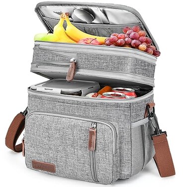BAGNN Lunch Box Lunch Bag for Women Doubledeck Expandable Large Insulated Cooler Lunch Bag with Shoulder Strap Leakproof Durable Adult Lunch Box for Work Picnic Beach 16L Gray