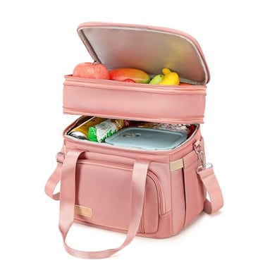 MAPLELILY Lunch Box for Men Women Double Deck Insulated Lunch Bag Large Leak Proof Tote Cooler Wide Open Dual Compartment Lunch Bags with Shoulder Strap For Work Picnic Hiking Beach Pink