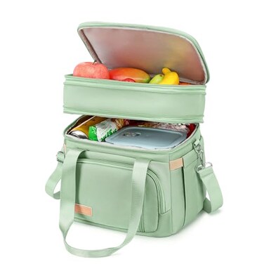 MAPLELILY Lunch Box for Men Women Double Deck Insulated Lunch Bag Large Leak Proof Tote Cooler Wide Open Dual Compartment Lunch Bags with Shoulder Strap For Work Picnic Hiking Beach Green