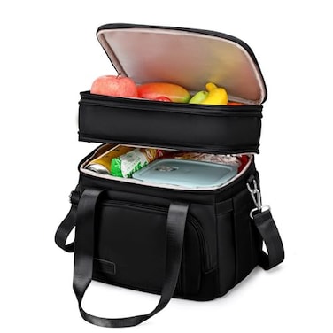 MAPLELILY Lunch Box for Men Women Double Deck Insulated Lunch Bag Large Leak Proof Tote Cooler Wide Open Dual Compartment Lunch Bags with Shoulder Strap For Work Picnic Hiking Beach Black