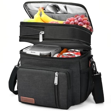 BAGNN Lunch Box Lunch Bag for Men Women Expandable Doubledeck Expandable Large Insulated Cooler Lunch Bag with Shoulder Strap Leakproof Durable Adult Lunch Box for Work Picnic 16L Black