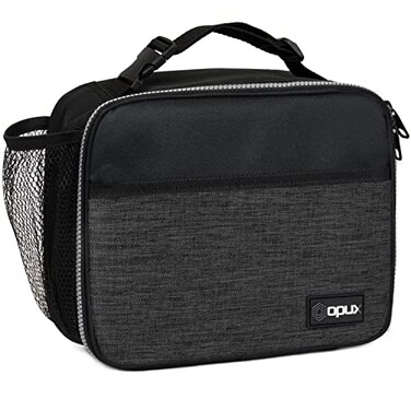 opux Insulated Lunch Bag for Kids Reusable Lunch Box for School with Leakproof Lining Compact Soft Cooler Tote for Boys Girls Front Pocket Mesh Side Bottle Holder Heather Charcoal