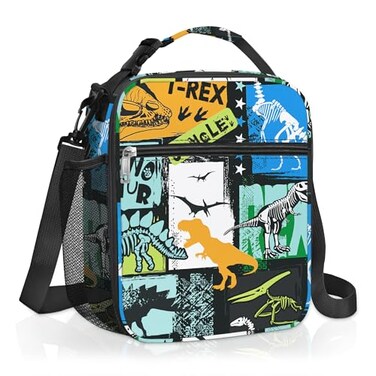 Clastyle Black Dinosaur Insulated Lunch Bag for Kids Portable Large Thermal Cooler Lunch Bag for Boys School Lunch Box Bag with Bottle Holder