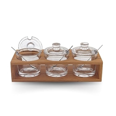Badash Crystal Glass Jar Set 10Piece Glass Jars with Lids Spoons and Wood Stand for Jam Honey Spice or Condiments Ideal for Salad Dressing Sauce