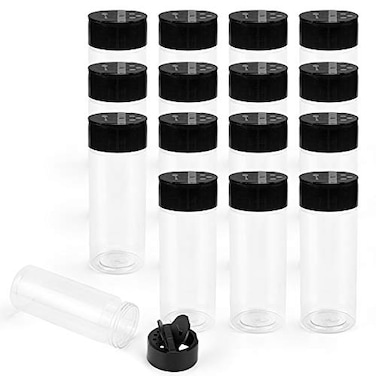 Foraineam 16 Pack 17 oz 500ml Plastic Spice Jars Containers Bottles with Black Flip Cap To Pour Or Sifter Shaker Perfect for Storing Spice Powders and Herbs