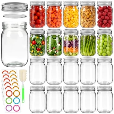 Mcupper 20 Pack 12 oz Mason Jars with Lids and Bands Regular Mouth Glass Canning Jars with Labels and Brusher for Storage Canning Preserving Dishwasher Microwave Safe