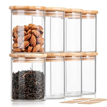 COCOYA 12 Oz Glass Jars with Bamboo Lid Set UPGRADE Clear Thickened Glass Containers for Spice Tea Herb Small Tiny Jars Food Storage Containers for Coffee Bean Seasoning sugar Kitchen Pantry 8Pack