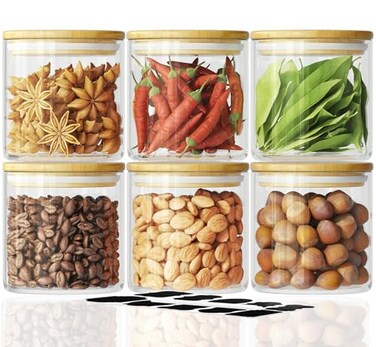 SODSAI 6Pcs 20oz Glass Storage Jars Airtight Bamboo Lid Containers With Labels