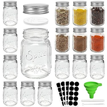 CycleMore 15 Pack 4oz Glass Mason Spice Jars Round Spice Containers with Silver Metal Caps and PourSift Shaker Lids40pcs Labels1pcs Silicone Collapsible Funnel1pack Brush and 1 Pen Included