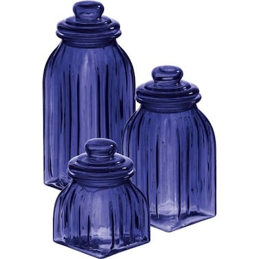 Cypress Home Navy Blue Glass Canister Set of 3 Jars Cereal Grain and Food Containers Decorative Home Storage Dcor for Kitchen and Pantry