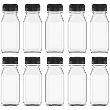 Hulless 10 Pcs 4 Ounce Plastic Juice Bottle Drink Containers Juicing Bottles with Black Lids Suitable for Juice Smoothies Milk and Homemade Beverages 120 mL