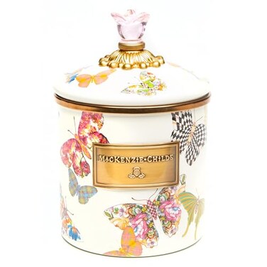 MACKENZIE-CHILDS MACKENZIECHILDS Enamel Canister Versatile Kitchen Storage Container for Flour and Sugar Small 38Ounce Capacity White Butterfly Garden